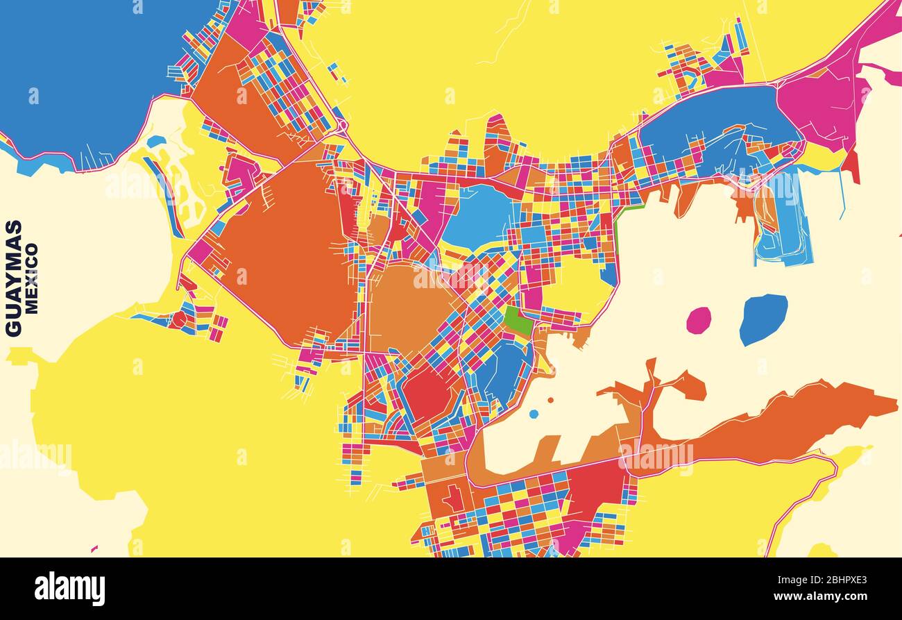 Colorful vector map of Guaymas, Sonora, Mexico. Art Map template for selfprinting wall art in landscape format. Stock Vector