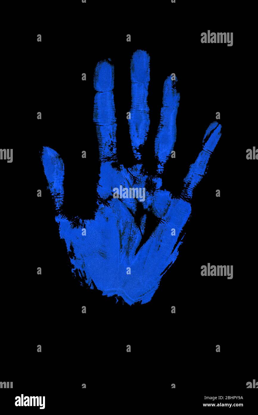 Blue human hand print on black background isolated close up, handprint