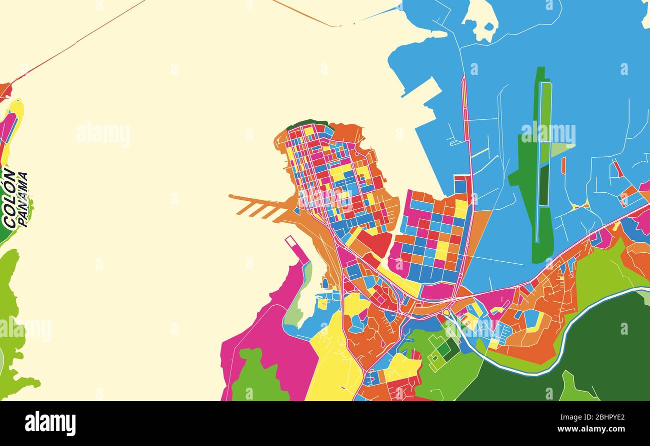 Colorful vector map of Colón, Colón, Panama. Art Map template for selfprinting wall art in landscape format. Stock Vector