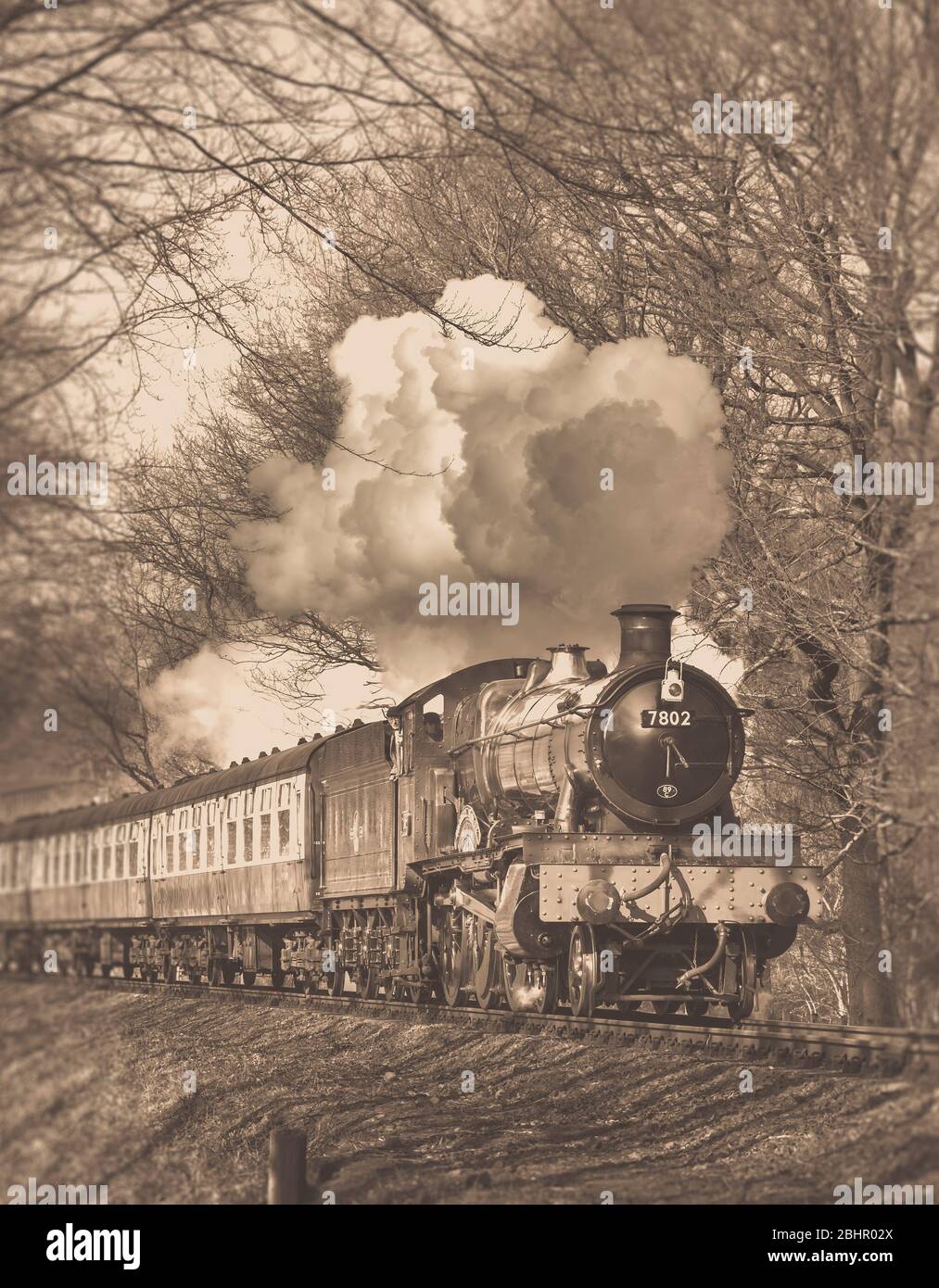 Sepia front view of oncoming vintage UK steam train (locomotive 7802) puffing through rural Worcestershire countryside, Severn Valley heritage railway. Stock Photo