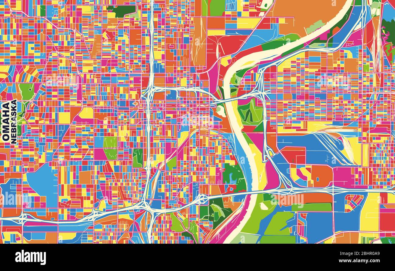Colorful vector map of Omaha, Nebraska, U.S.A.. Art Map template for selfprinting wall art in landscape format. Stock Vector