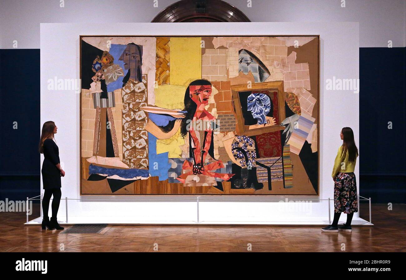 While the RA doors are temporarily closed , you can experience Picasso and Paper exhibition from home in the video tour . Picasso didn't just draw on paper - he tore it , burnt it , and made it three - dimensional . This exhibition brings together more than 300 works on paper spanning the artist's 80year career . Immerse yourself in Picasso's world of paper and discover hoe - with this everyday material we know so well - he found the means to explore the furthest reaches of his creativity . Istallation views of The Picasso and Paper exhibition at the Royal Academy of Arts . Stock Photo