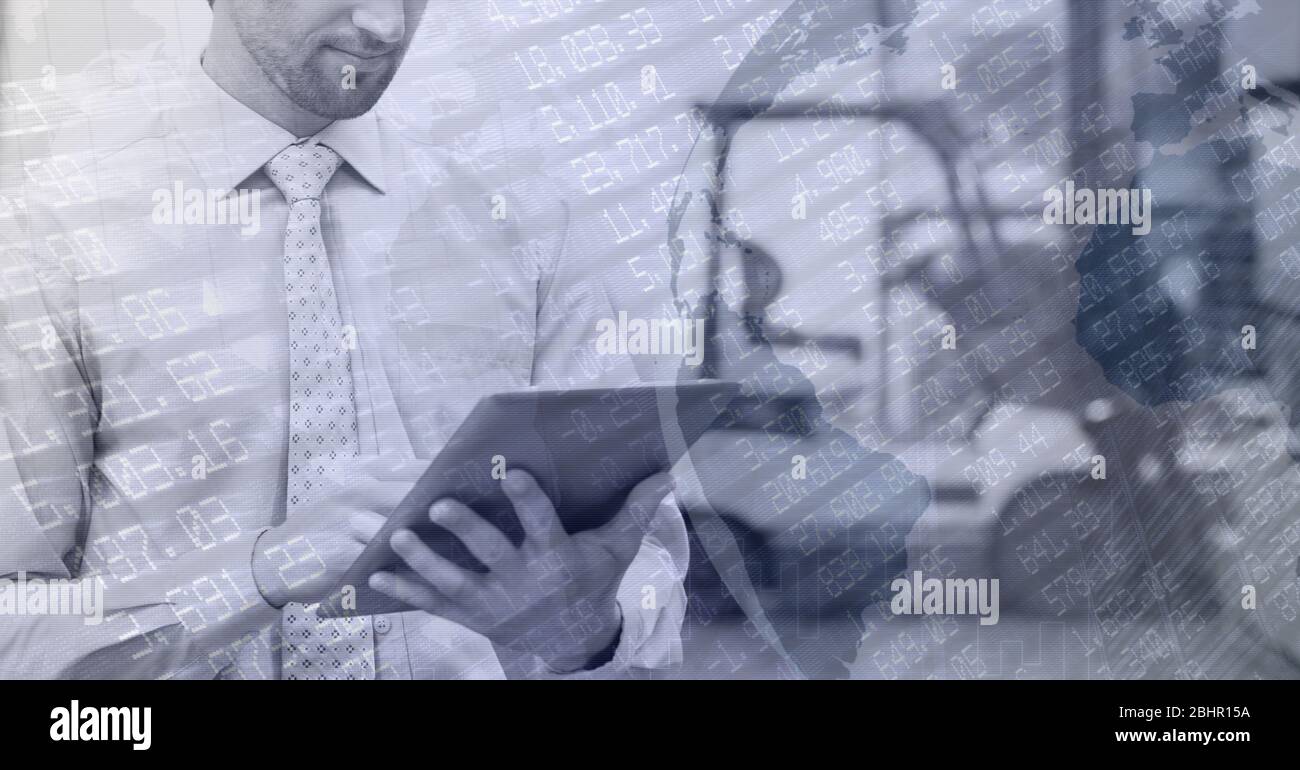 Digital illustration of man using digital tablet working in warehouse over data processing Stock Photo