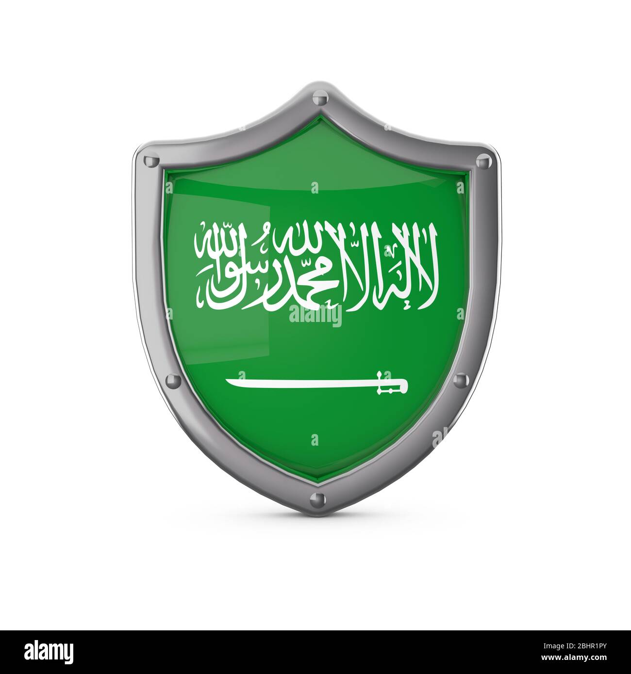 Saudi Arabia security concept. Metal shield shape with national flag