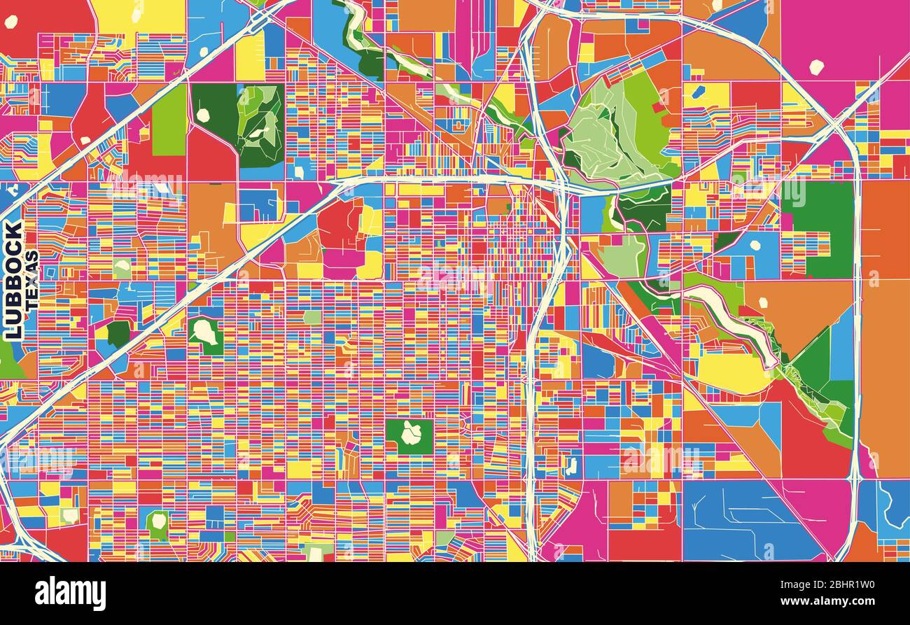 Colorful vector map of Lubbock, Texas, U.S.A.. Art Map template for selfprinting wall art in landscape format. Stock Vector