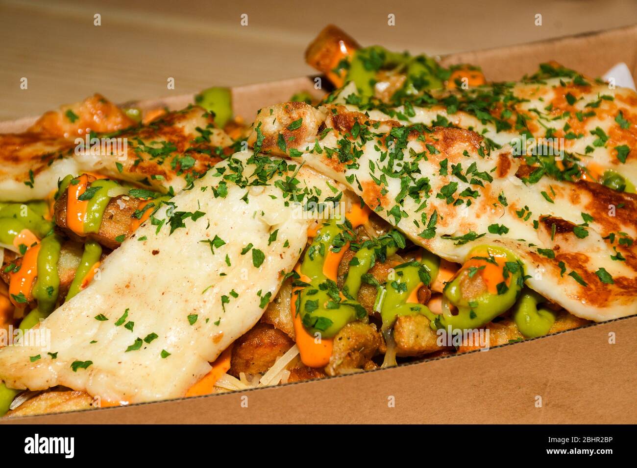 Disco french fries, gravy sauce mozzarella halloumi cheese potatoes