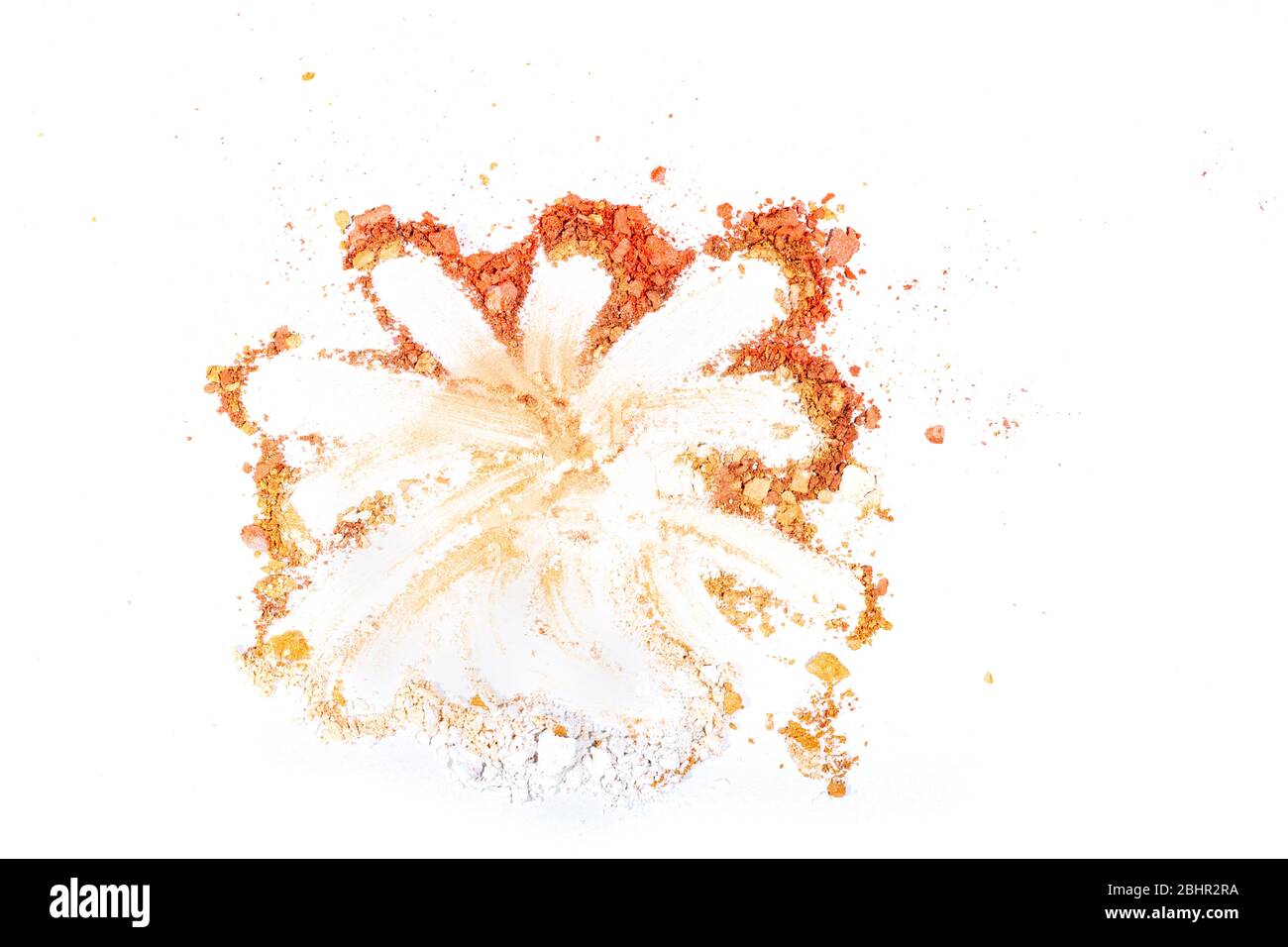 Beige crushed eye shadow isolated on white background.Splatter make up and cosmetic products. Stock Photo
