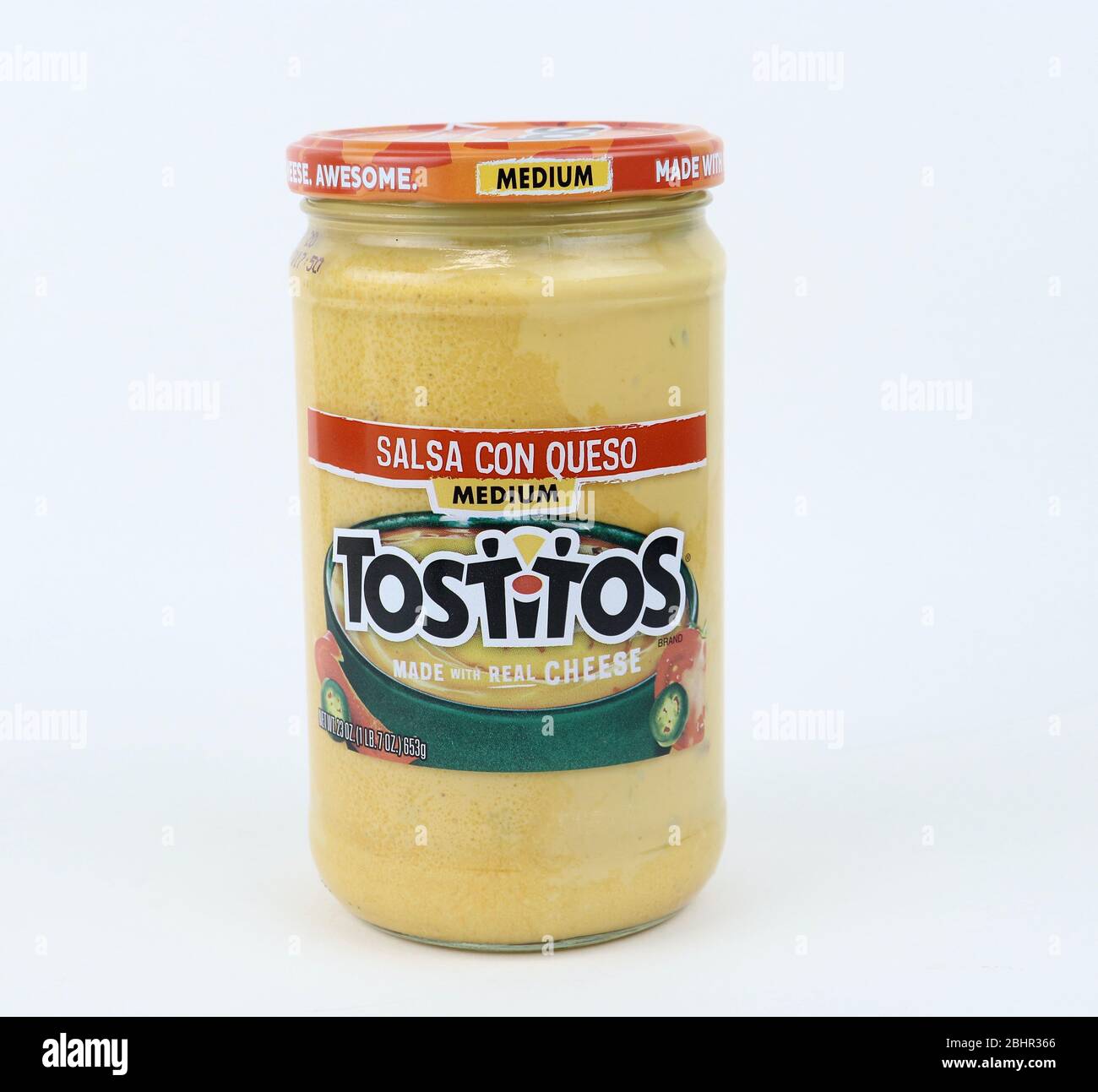 Spencer, Wisconsin, U.S.A., April, 27, 2020   Jar of Tostitos Medium Cheese Salsa   Tostitos is an American product first introduced in 1979 Stock Photo