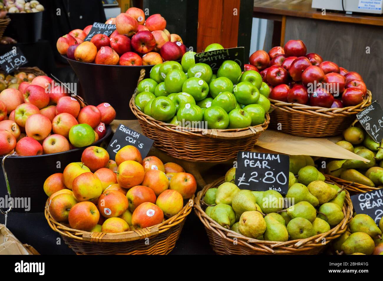 Fruit market with various colorful fresh fruits and vegetables. farmers market, many different