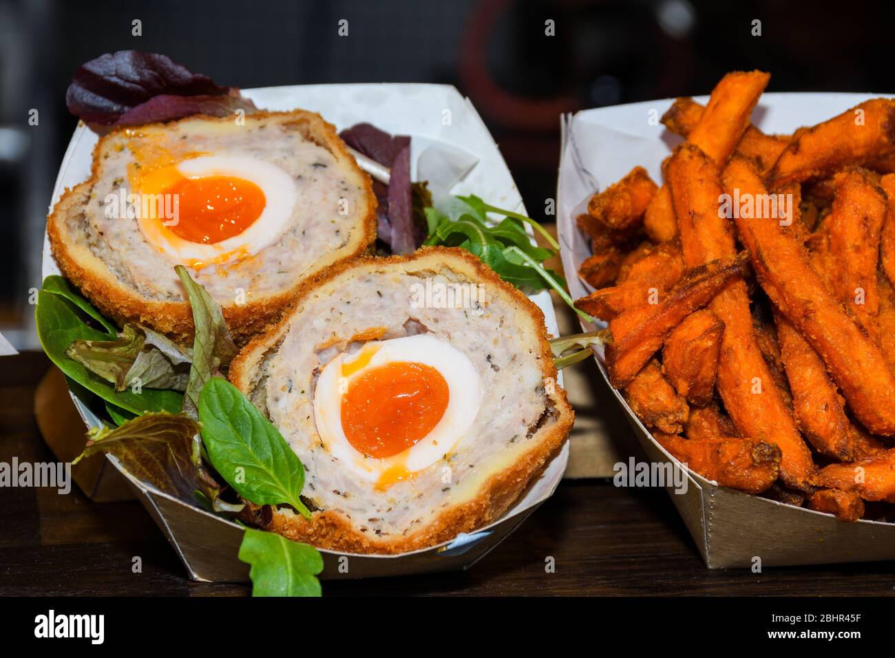 A Scotch egg consists of a whole soft or hardboiled egg wrapped in