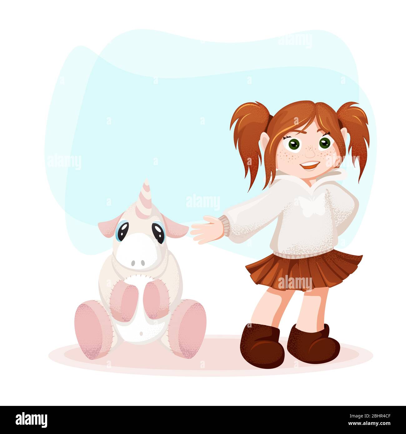 Greeting card with cute cartoon girl and fairy tale unicorn toy Stock ...