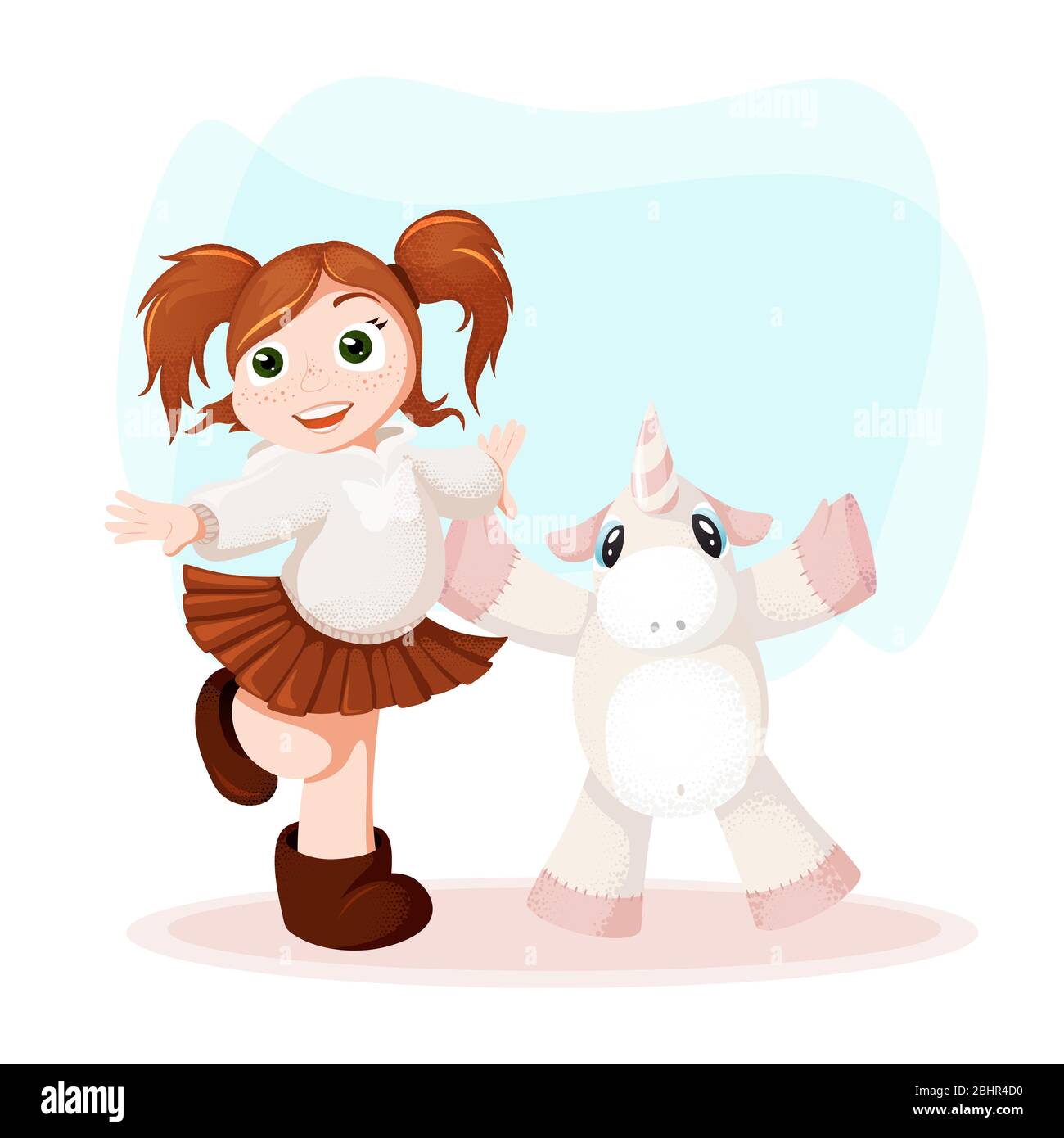 Greeting card with cute cartoon girl and fairy tale unicorn toy Stock ...