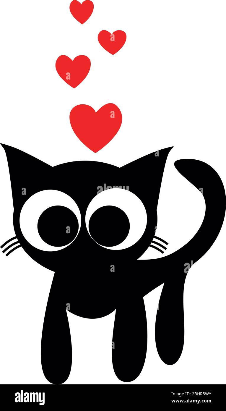 Cat love. Stilized black silhouette of a cat with big eyes and red hearts. Stock Photo