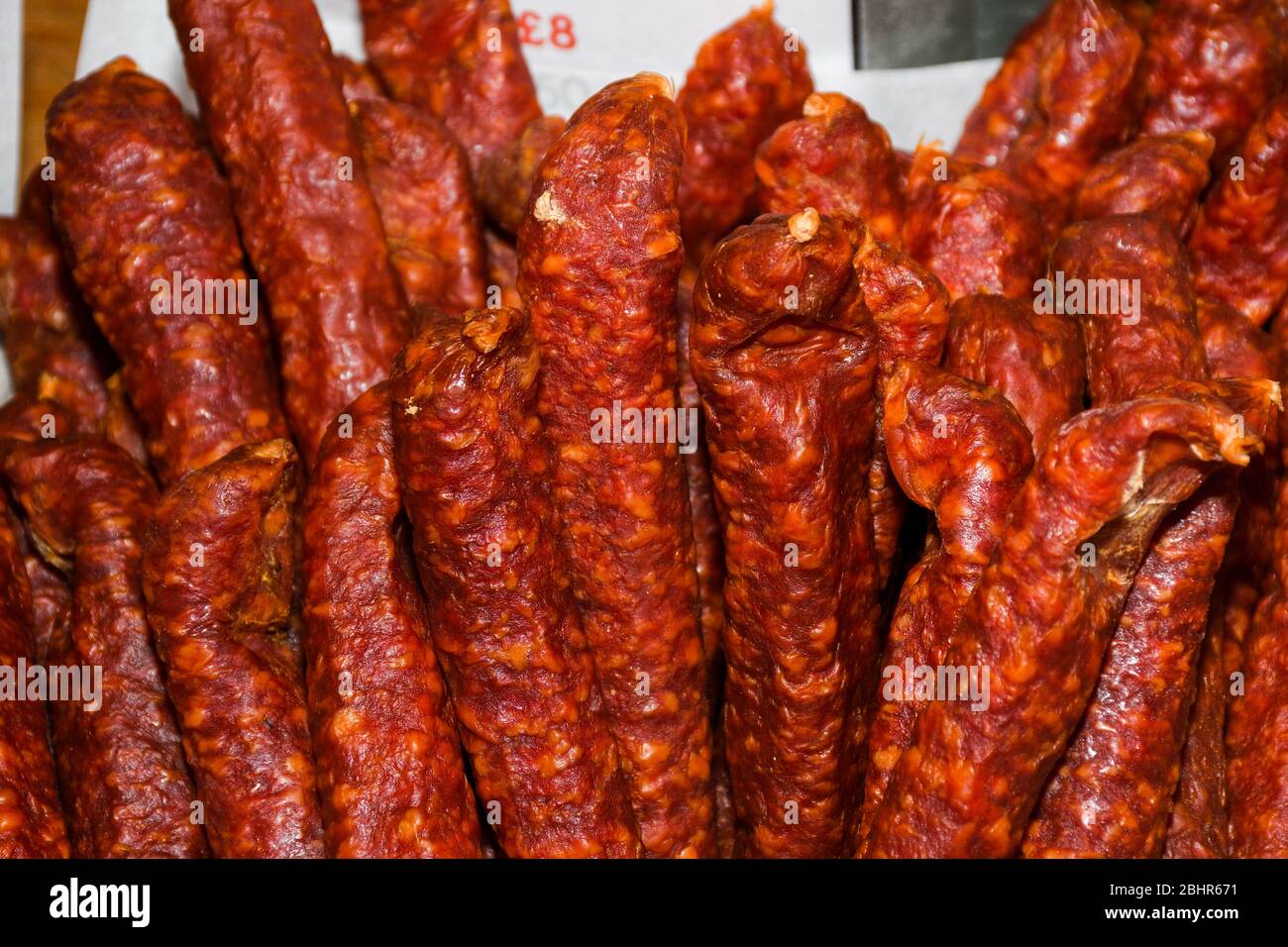 Sausages on Borough market in London. large thick French sausages