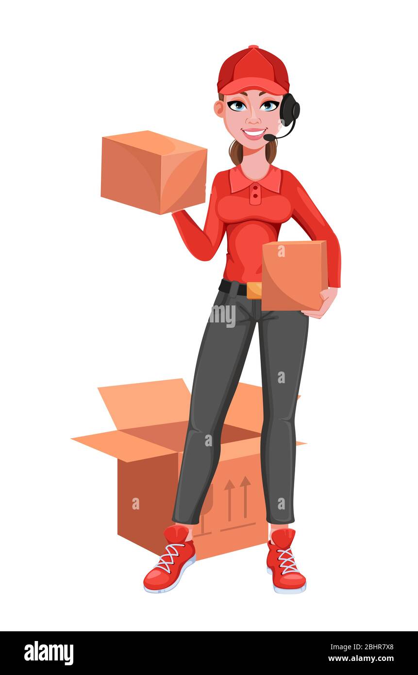 Courier woman with carton boxes. Delivery service concept. Beautiful  delivery woman cartoon character. Vector illustration isolated on white  backgroun Stock Vector Image & Art - Alamy
