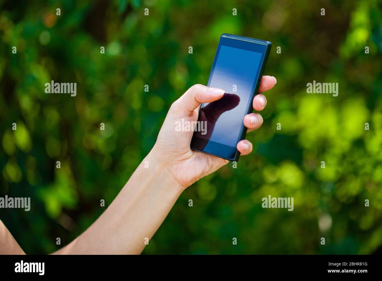 Side view of a woman's hand holding a modern slick smartphone while dialing with her thumb against summer green background Stock Photo