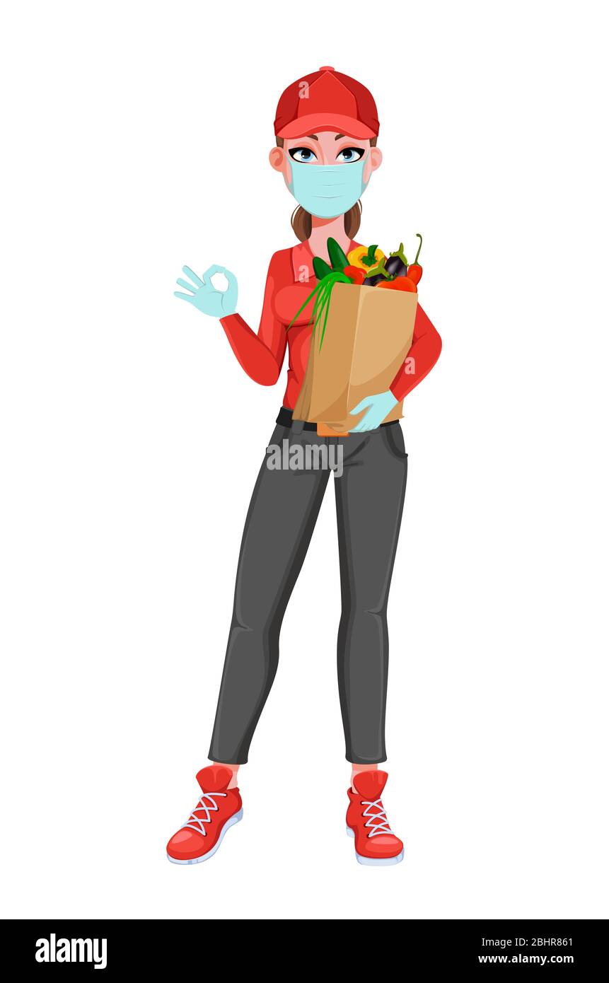 Courier woman in protective mask and gloves. Delivery service concept ...
