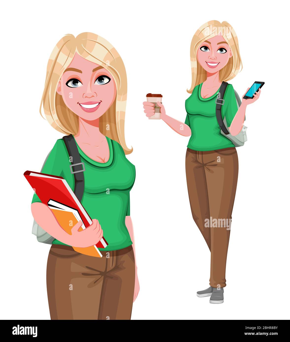 Young happy student girl, set of two poses. Cheerful female teenager  student cartoon character. Vector illustration Stock Vector Image & Art -  Alamy