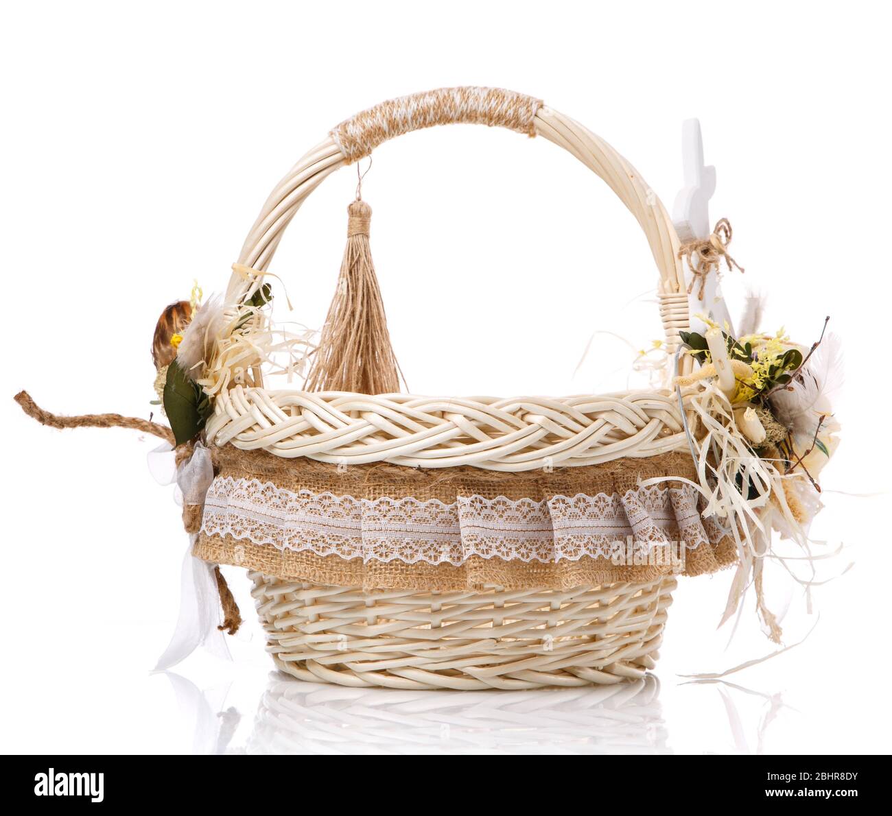 Wicker design baskets are decorated with a floral arrangement for