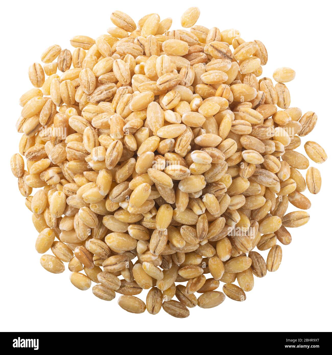Pile of uncooked pearl barley, a wholegrain cereal, isolated, top view Stock Photo