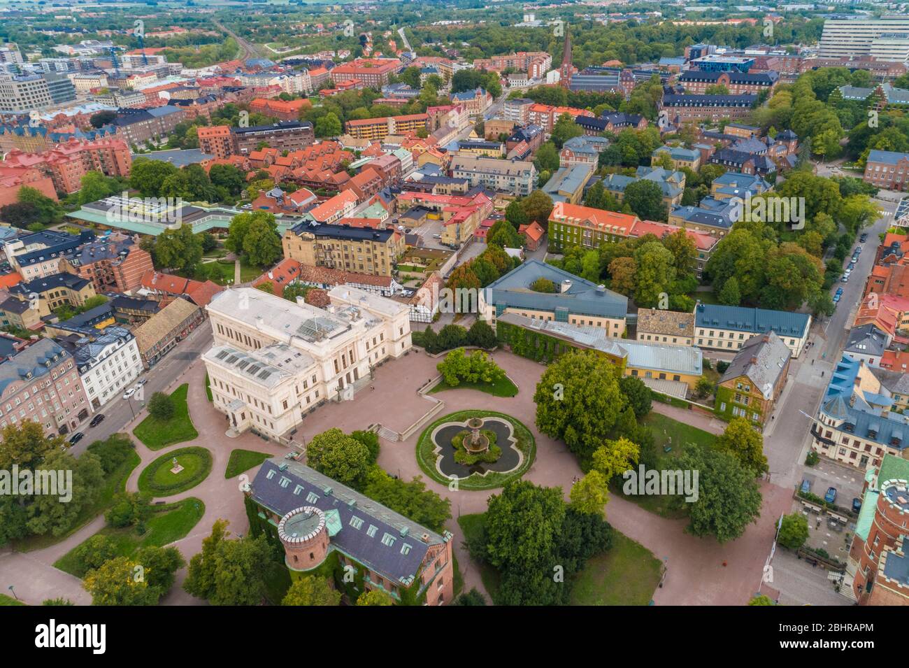 Aerial image of the town of Lund with the University in the foreground. Stock Photo