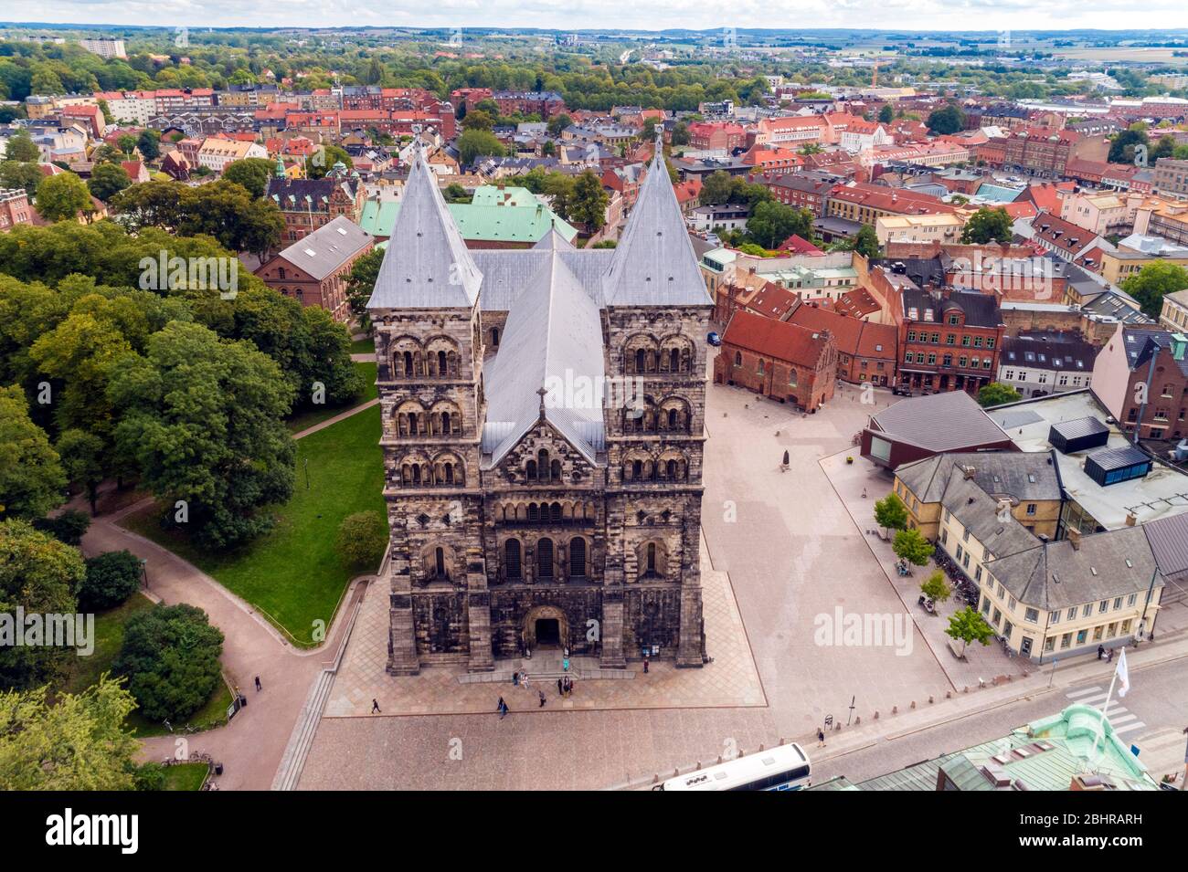 Aerial image of Lund Cathedral with the town centre in the background. Stock Photo