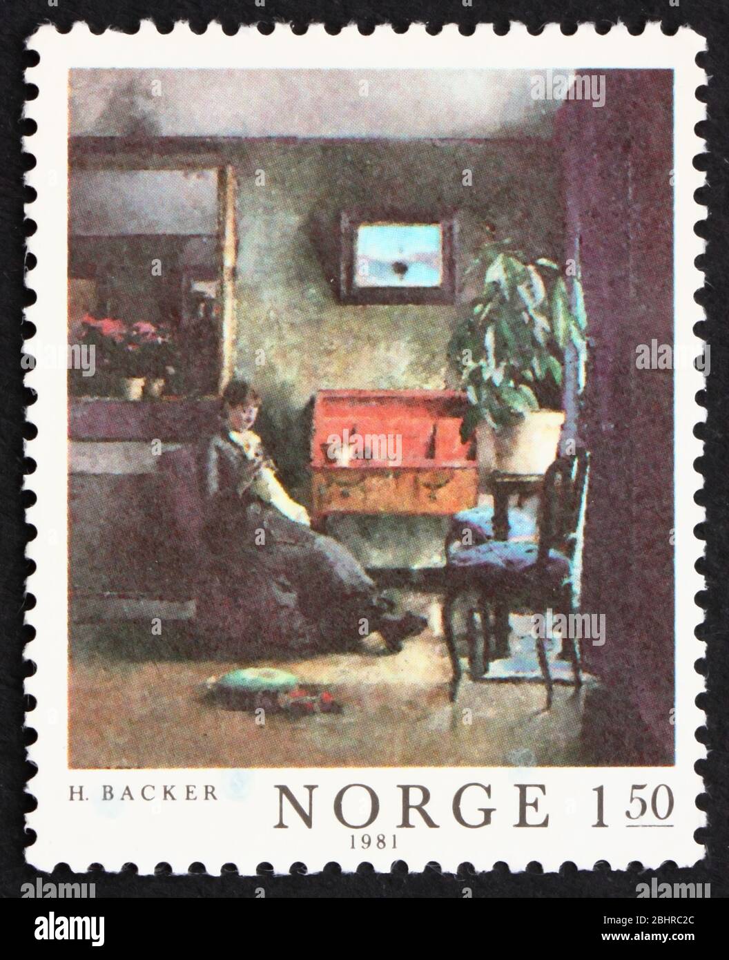 NORWAY - CIRCA 1981: a stamp printed in the Norway shows Interior in Blue, Painting by Harriet Backer, circa 1981 Stock Photo