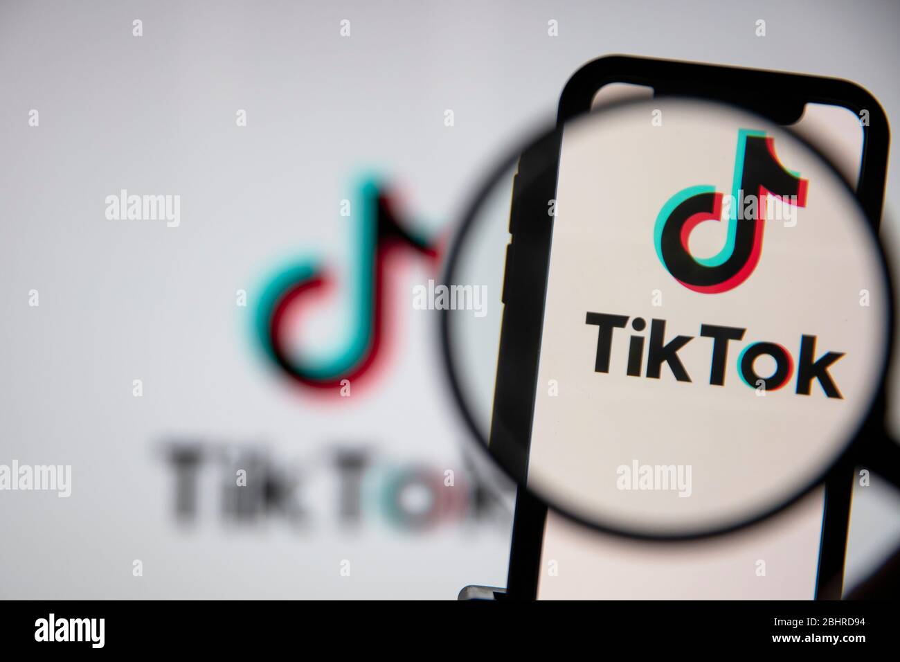 LONDON, UK - April 27 2020: Tik Tok social media app icon under a microscope Stock Photo