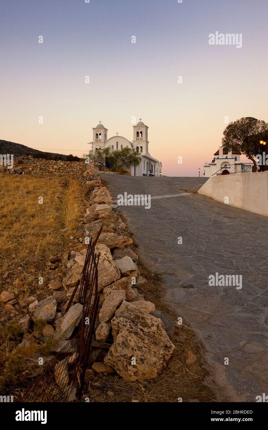 Church of Paros at sunset, Greece, Cyclades islands, Southern Europe Stock Photo