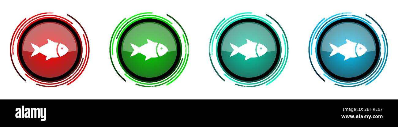 Fish round glossy vector icons, sea, animal, seafood, nature, food set ...