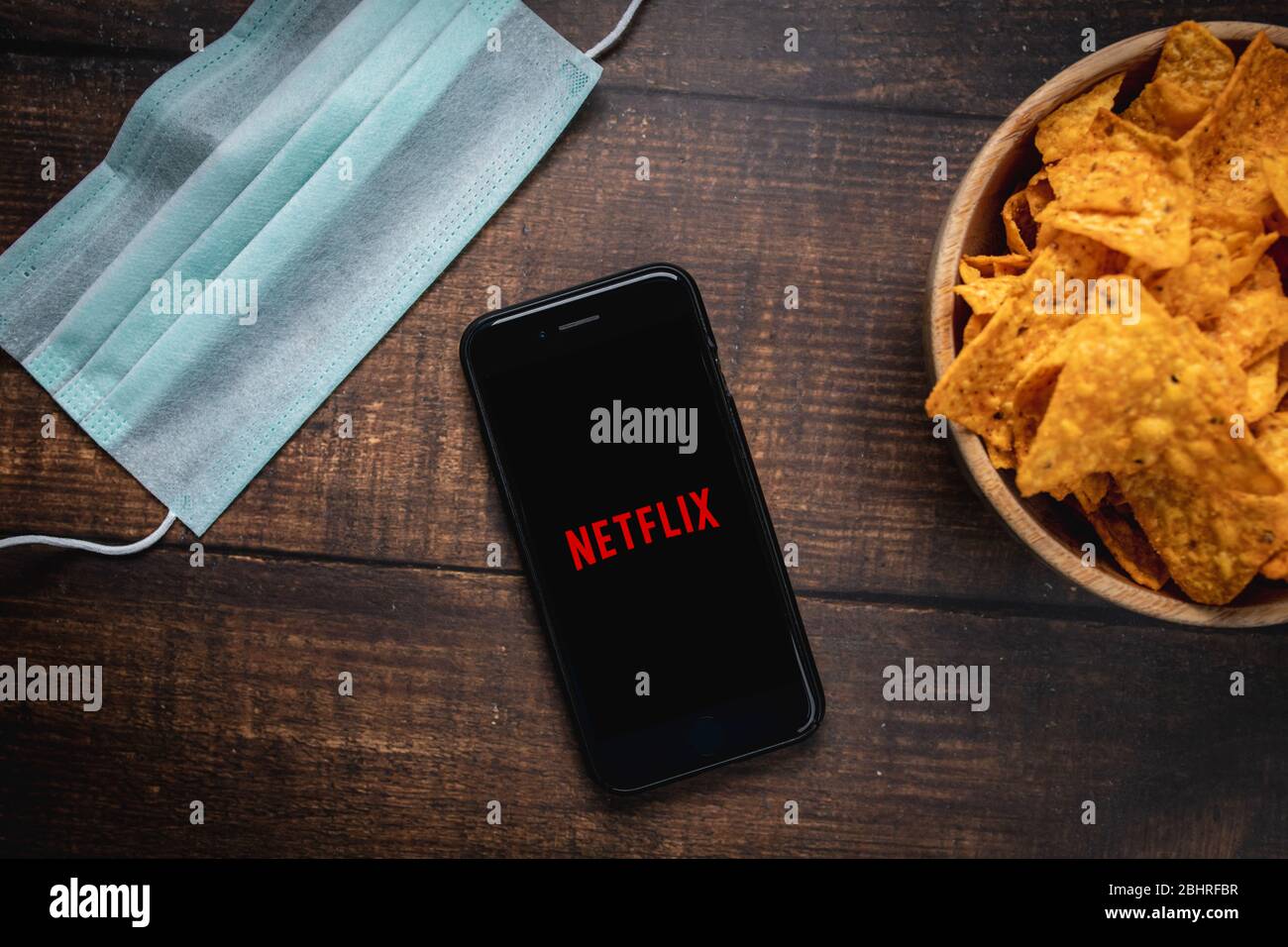 Antalya, TURKEY - April 21, 2020. Smart phone showing Netflix app logo. Covid-19 Coronavirus stay home concept Stock Photo