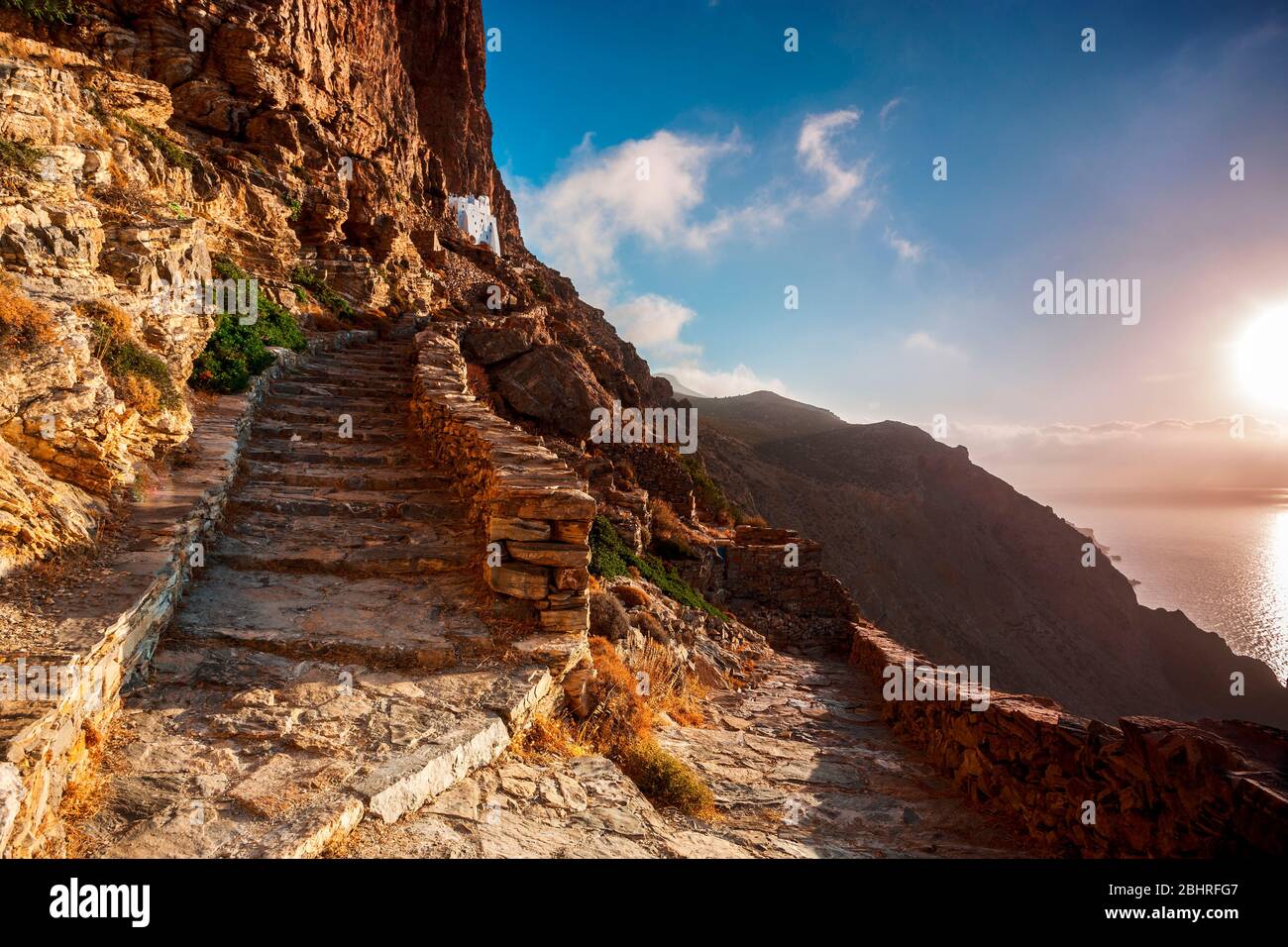 Panagia Hozoviotissa Monastery at sunrise, Agia Anna, Amorgos island, Amorgos, Nasso, Greece, Cyclades islands, Southern Europe Stock Photo