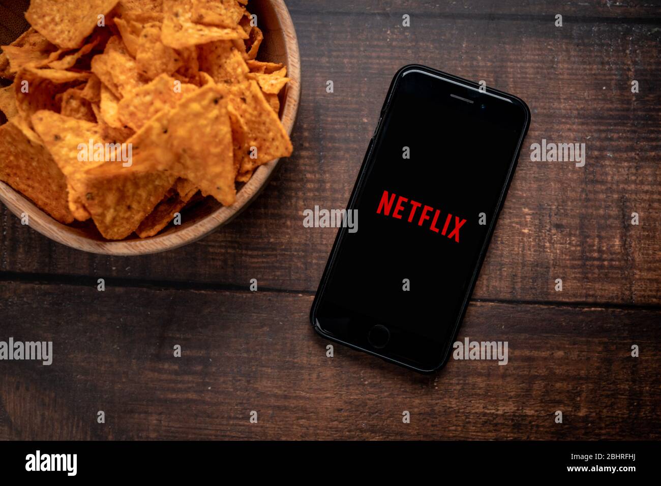 Antalya, TURKEY - April 21, 2020. Smart phone showing Netflix app logo. Covid-19 Coronavirus stay home concept Stock Photo