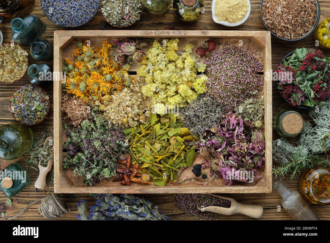 Healing herbs in wooden box, infusion or oil bottles on wooden table, herbal medicine, top view. Stock Photo