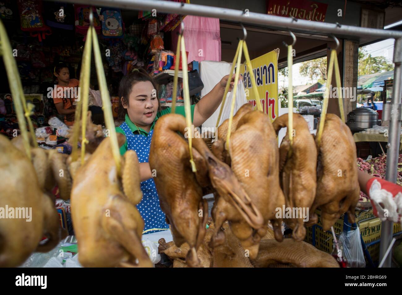 A cooked duck seller at the Samut Sakhon market, Bangkok, Thailand. Stock Photo