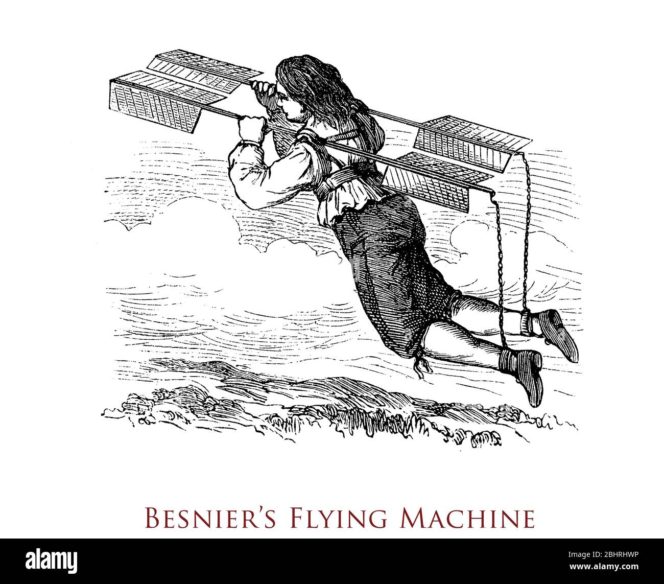 Besnier's flying machine:Besnier, a French locksmith, successfully developed in 1678 a flying apparatus based on the flapping principle used by birds remaining airborne for a surprisingly long time Stock Photo