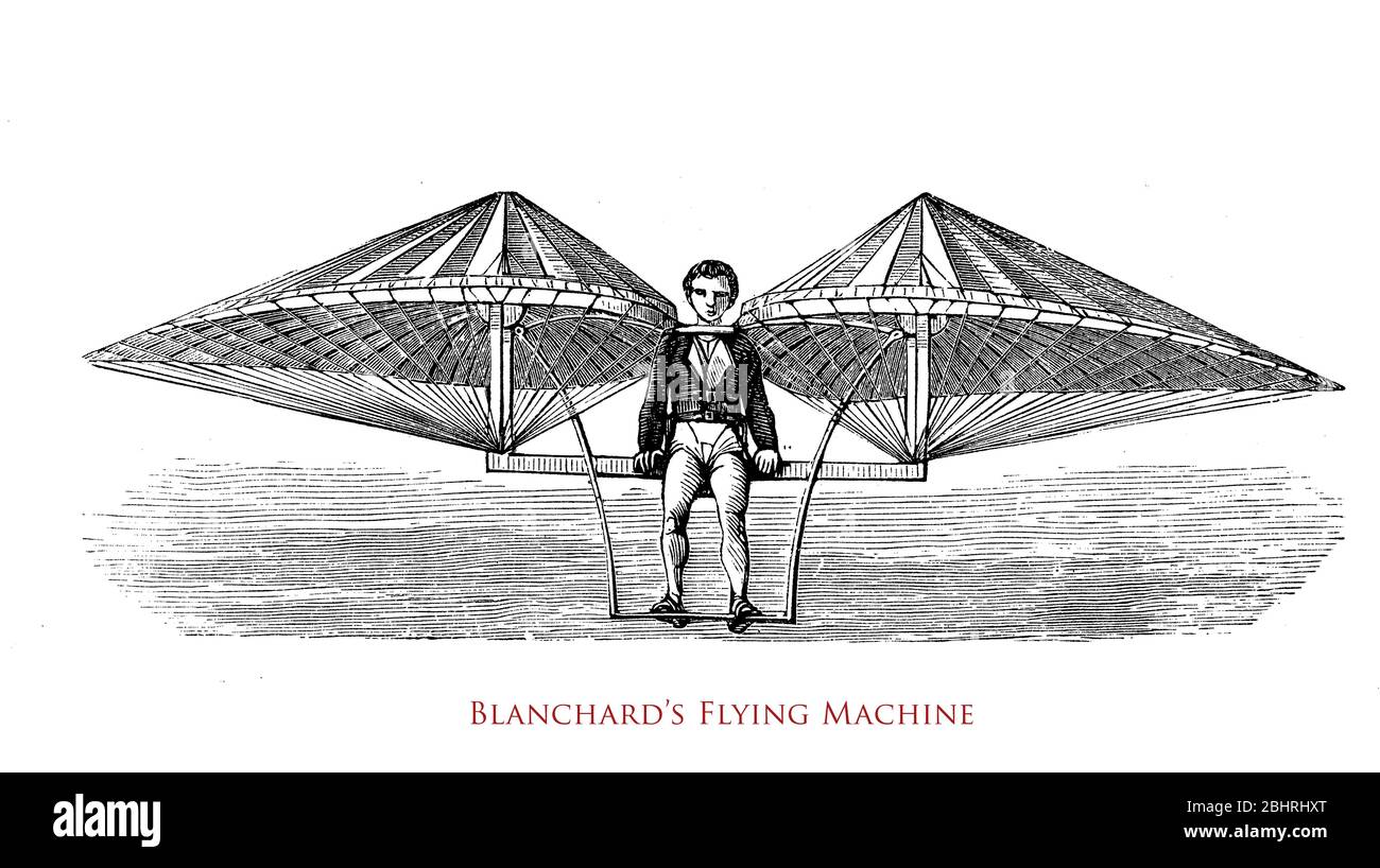 Jean-Pierre Blanchard ( 1753 - 1809) French inventor:  first unsuccessful flying machine with wings flapping by means of  levers and foot pedals in 1781 Stock Photo