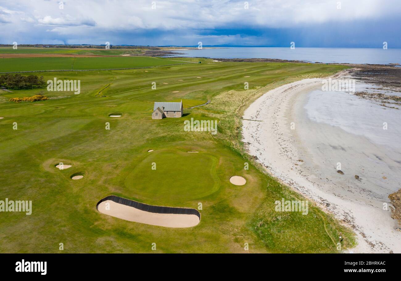 Aerial view of Balcomie Links golf course at Crail Golfing Society golf course, Fife, Scotland,UK Stock Photo