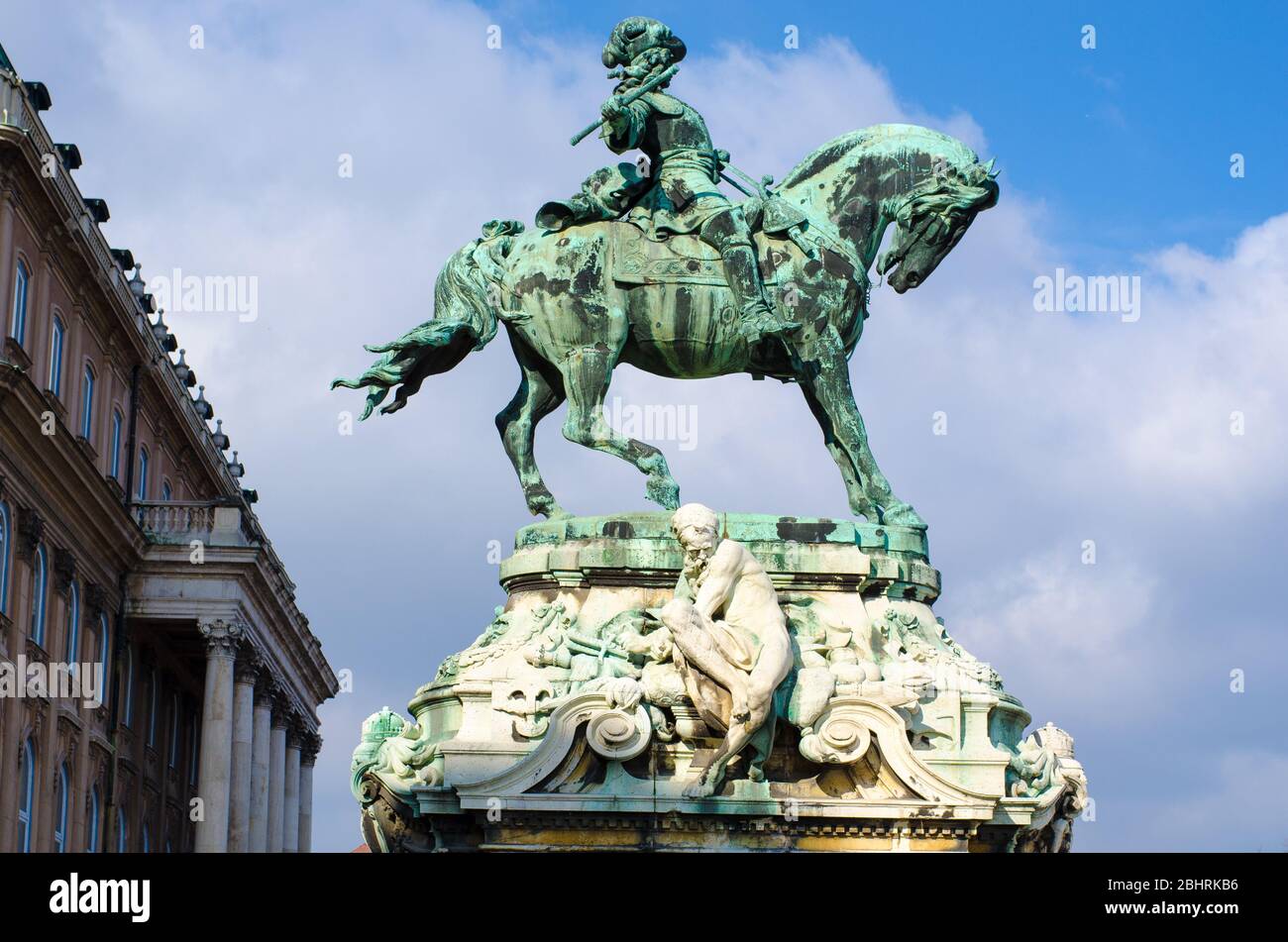 Equestrian statue of Prince Savoyai Eugen in front of the historic Royal Palace in Buda Castle. Budapest, Hungary. Stock Photo