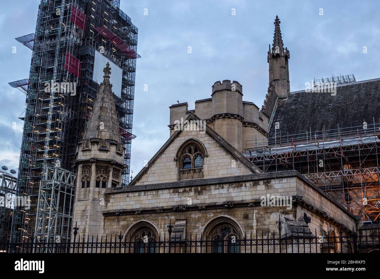 View of Westminster Hall with Big Ben under Restoration in the Background Stock Photo