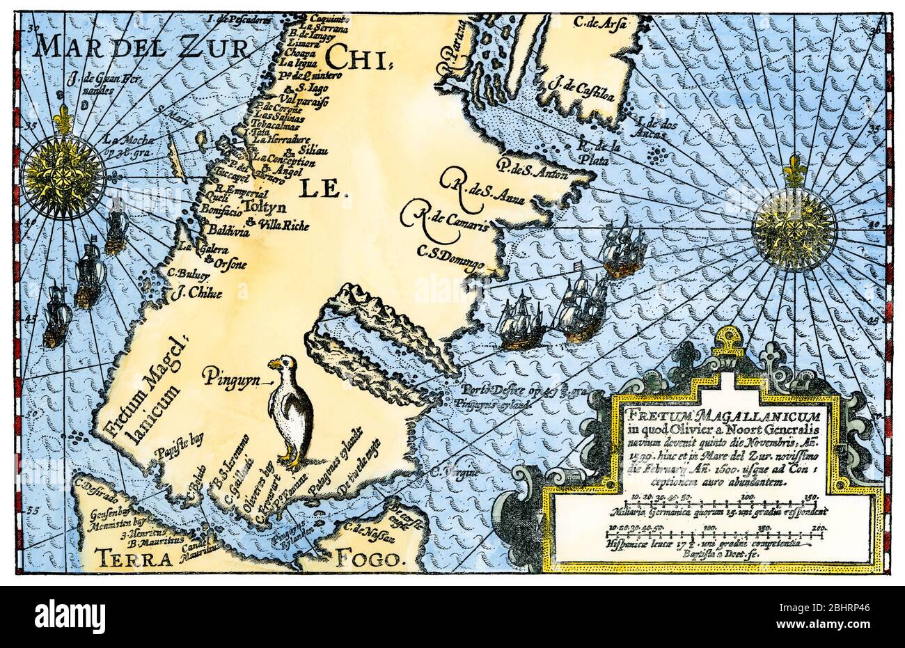 Map of the Strait of Magellan and southern South America, 1602. Hand-colored woodcut from de Noort Stock Photo