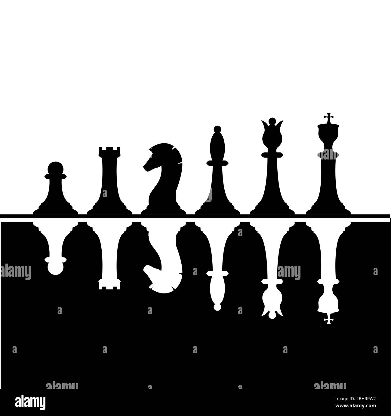Set of black and white chess pieces. White chess pieces reflected from black. Chess strategy and tactic. Vector illustration Stock Vector