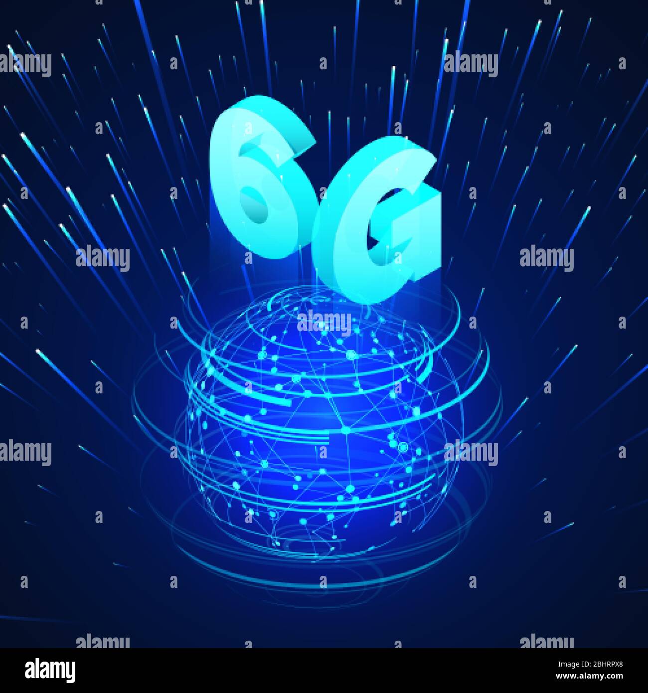 High speed 6G global mobile networks. Business isometric illustration global network hologram and text 6g. Wireless web banner. Modern data transfer t Stock Vector