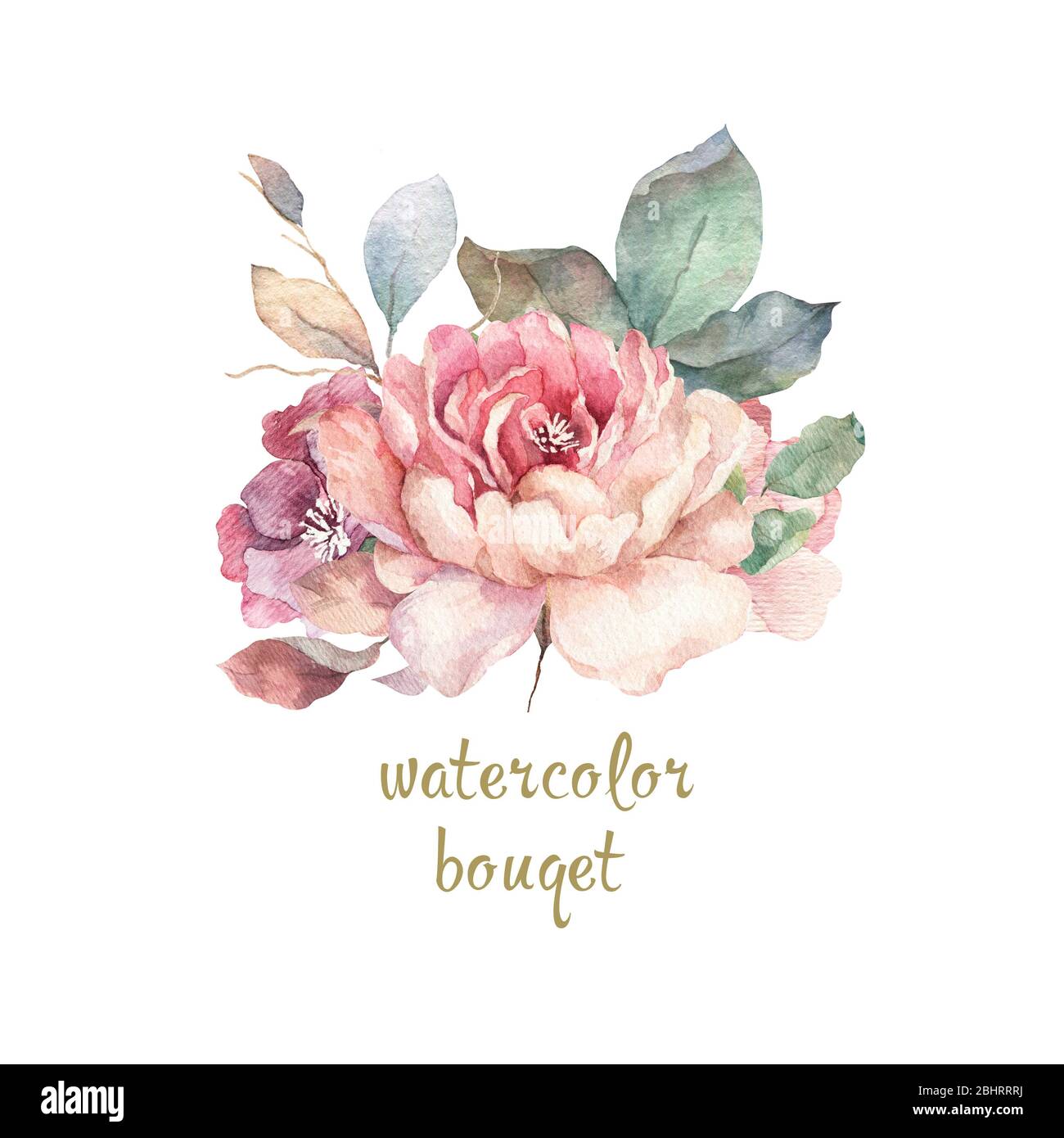 Hand drawn watercolor bouquet with red, white and blue roses, peony and lilac flowers and green leaves. Isolated on white background for wedding Stock Photo