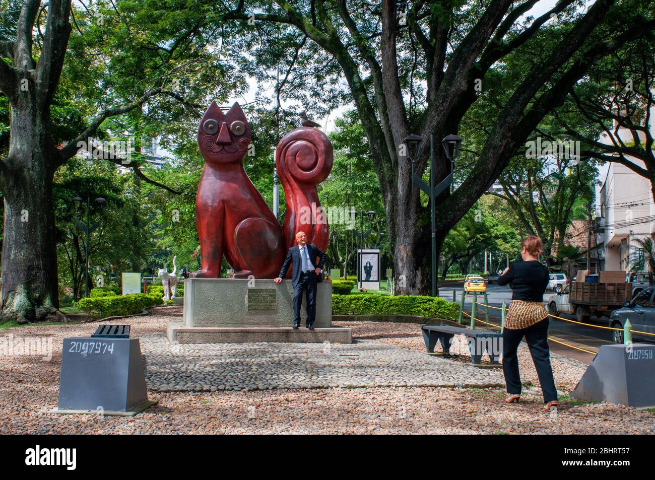 The iconic River Cat or Gato del Rio Sculpture by Hernando Tejada at Cats Park at the River Boulevard in Cali, Departamento Valle del Cauca, Colombia, Stock Photo
