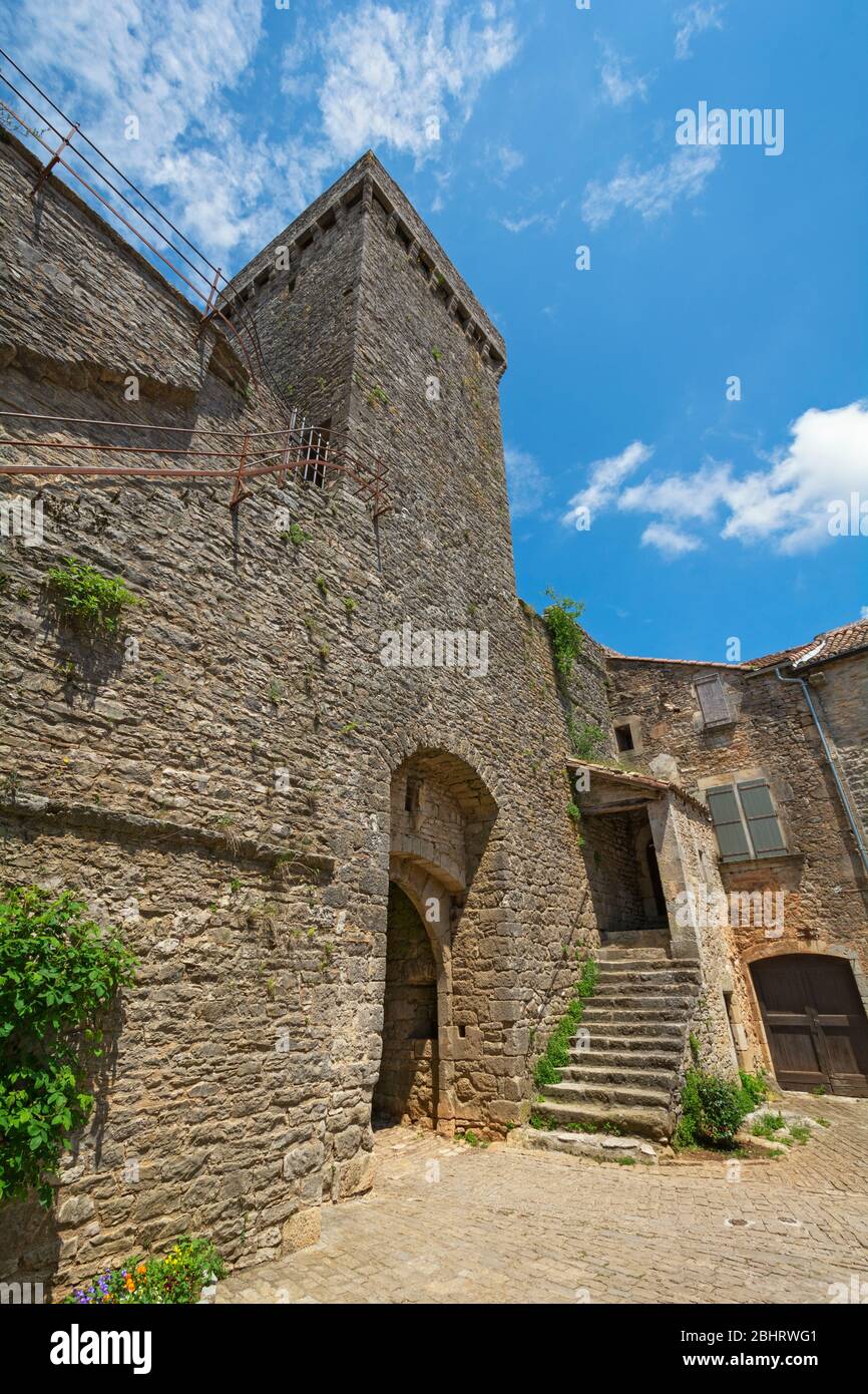 France, La Couvertoirade, fortified town owned by the Knights Templar 12-13C, replaced by Hospitallers 14C, Portal d'Amoun (North Gate) 15C Stock Photo