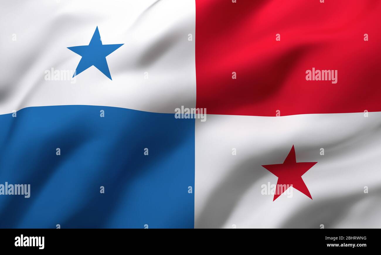 Flag of Panama blowing in the wind. Full page Panamanian flying flag. 3D illustration. Stock Photo