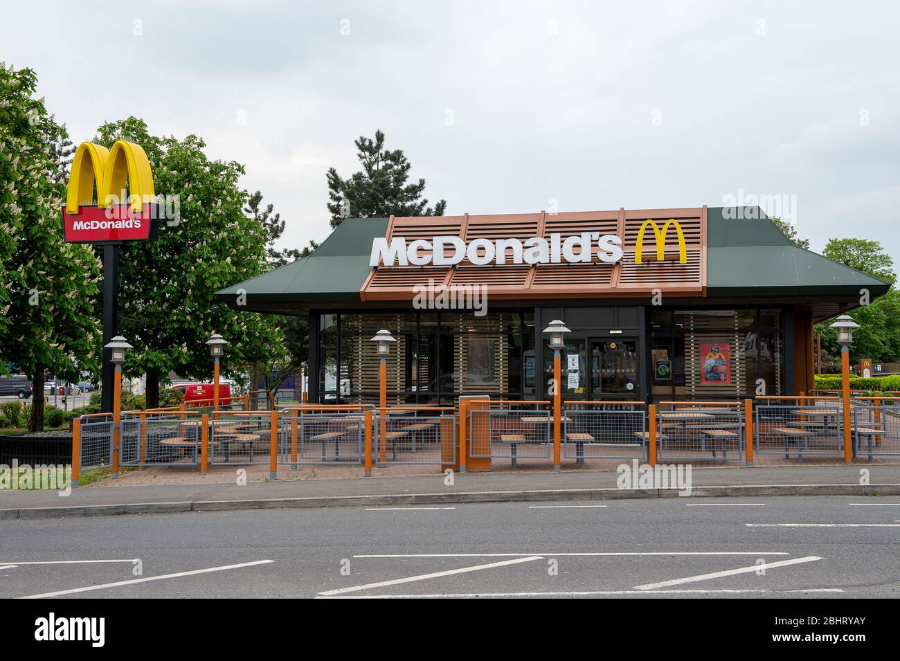 Slough, Berkshire, UK. 27th April, 2020. It has been rumoured in the press that following the closure of McDonald's Restaurants on 23 Mar 2020 due to the Coronavirus Pandemic, that they may be considering reopening in May for take aways and deliveries. Their offical website, however, states that all of their UK and Ireland restaurants are temporarily closed and that they will update their social media channels and their website with any changes. Credit: Maureen McLean/Alamy Stock Photo