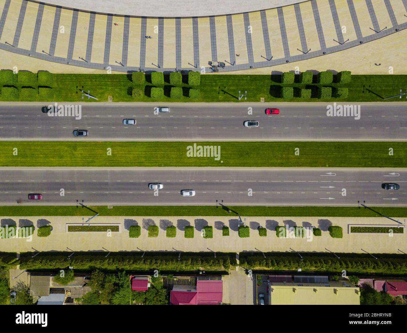 Aerial view of the vehicular intersection, city traffic with cars on ...