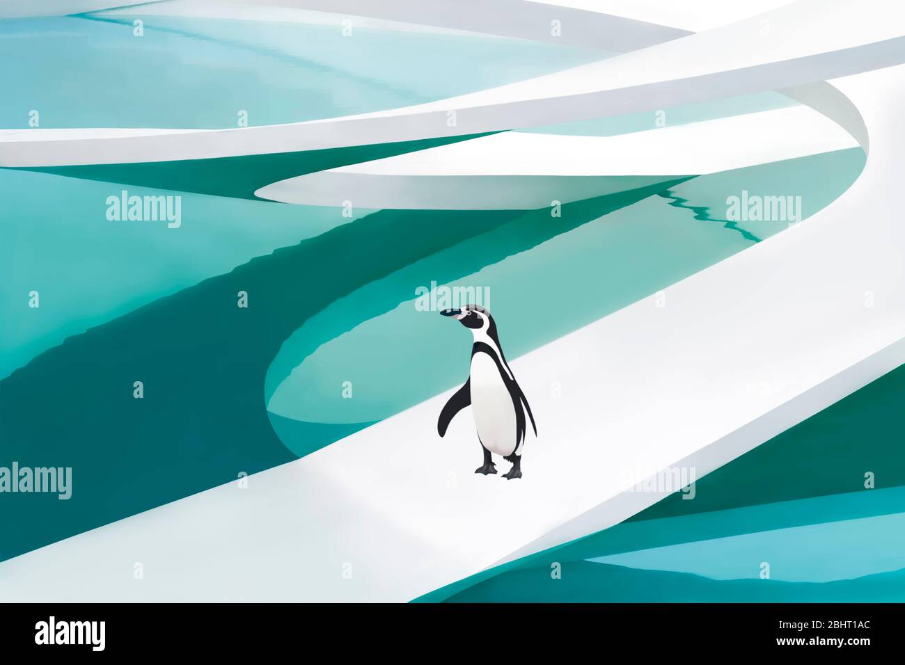 Watercolour style illustration of a penguin in a pool, based on the